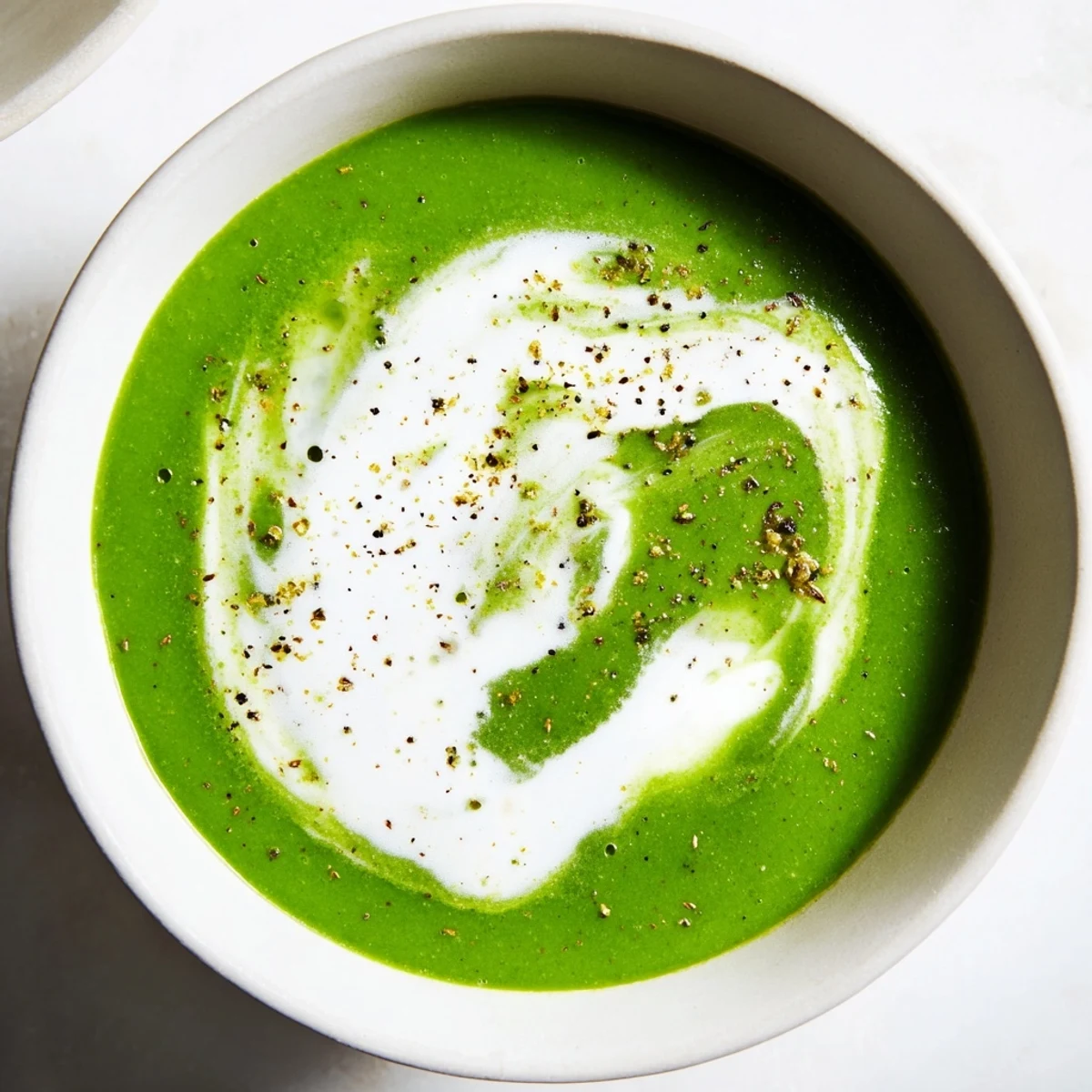 Smooth, vibrant green Crisp Spinach Soup garnished with crème fraîche and croutons, served hot in a white bowl.