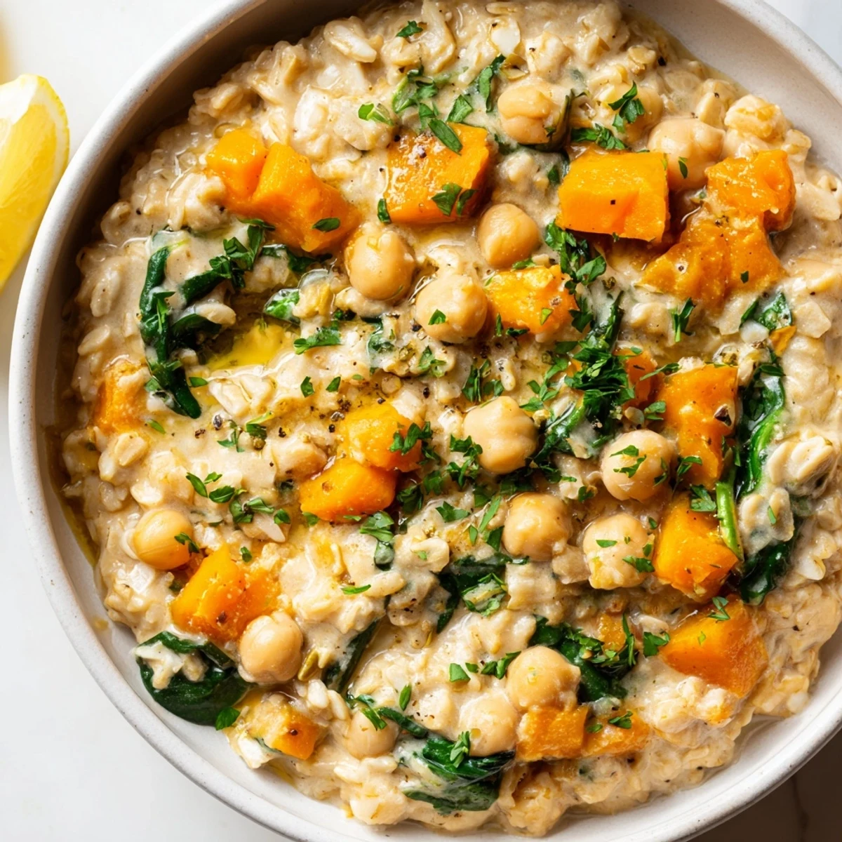 A warm bowl of Seasonal Chickpea Porridge topped with fresh parsley and a drizzle of olive oil, served with a lemon wedge.