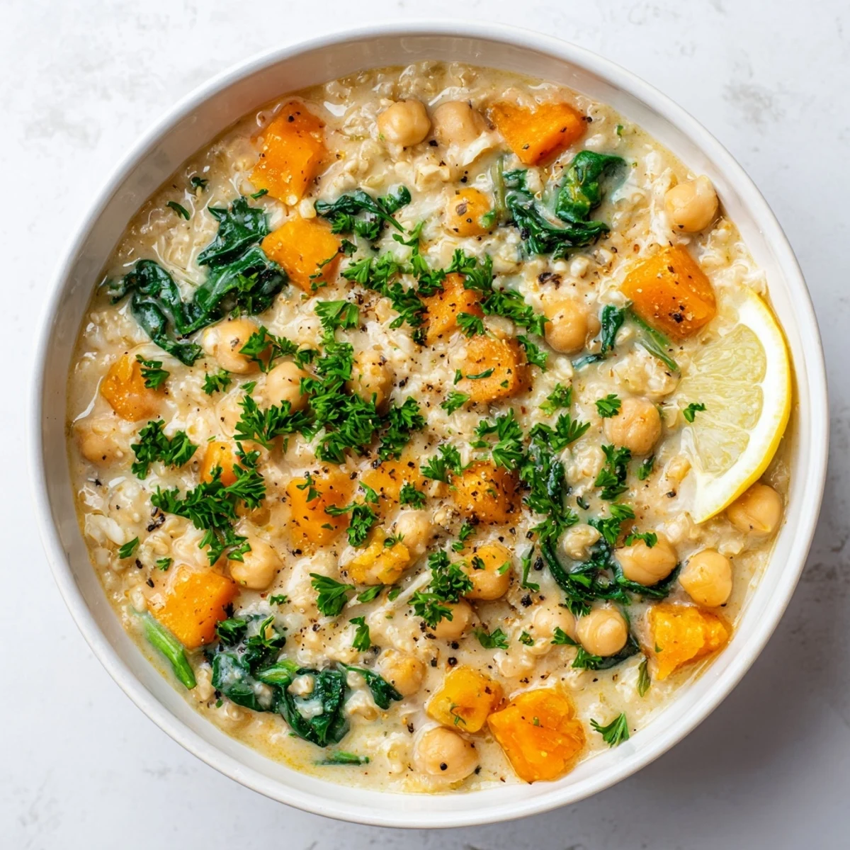 Creamy Seasonal Chickpea Porridge cooked with butternut squash and spinach, steam rising from a rustic earthenware bowl on a wooden table.