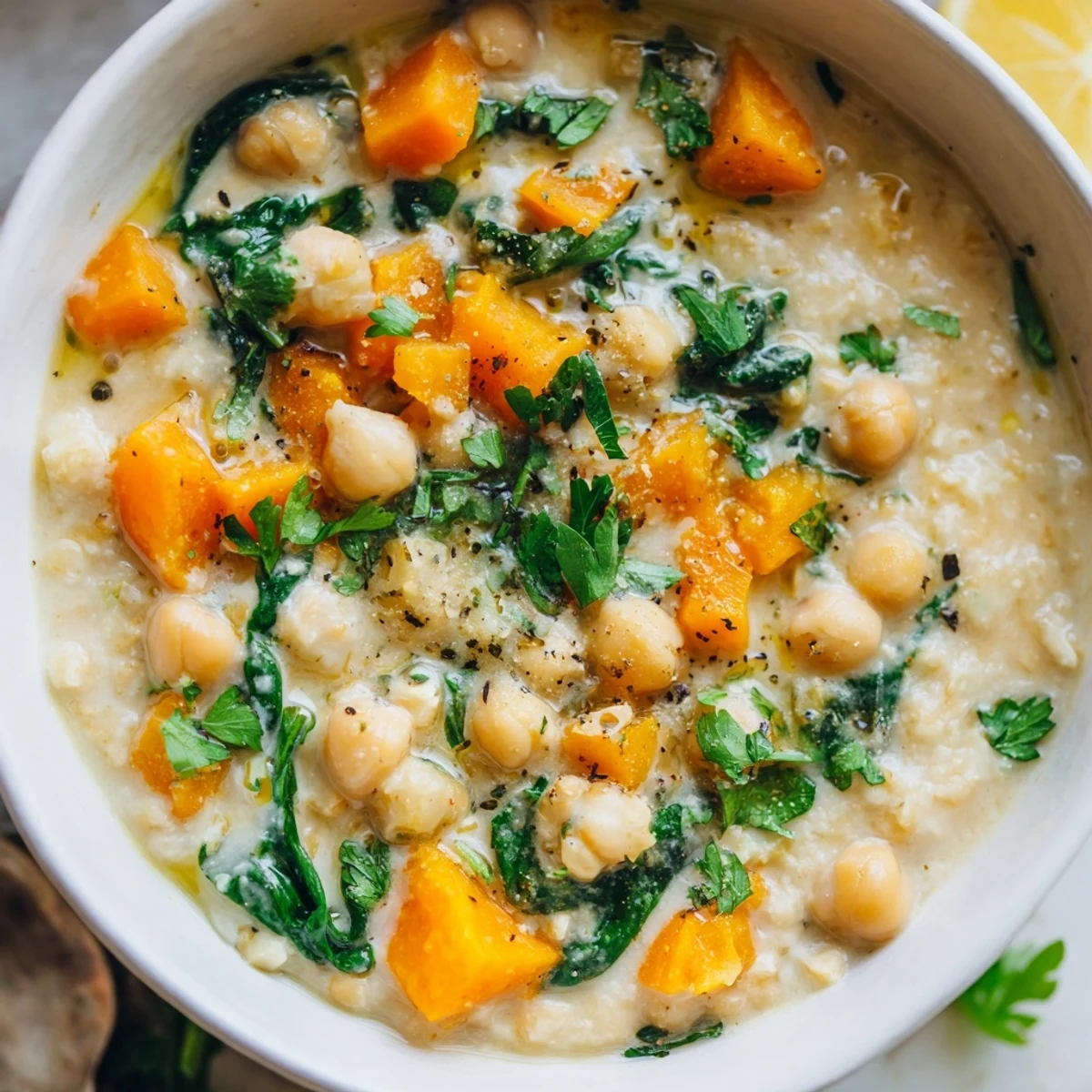 Hearty Mediterranean Seasonal Chickpea Porridge served as a nutritious vegan breakfast or lunch, garnished with fresh herbs and spices.