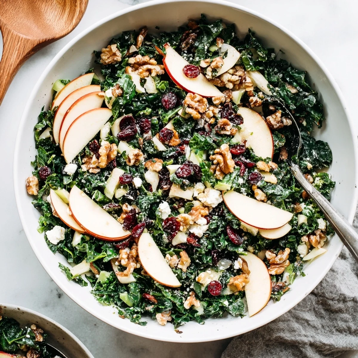 Tossed New Year Kale Treat featuring massaged kale, dried cranberries, and tangy feta cheese, drizzled with apple cider vinegar dressing.