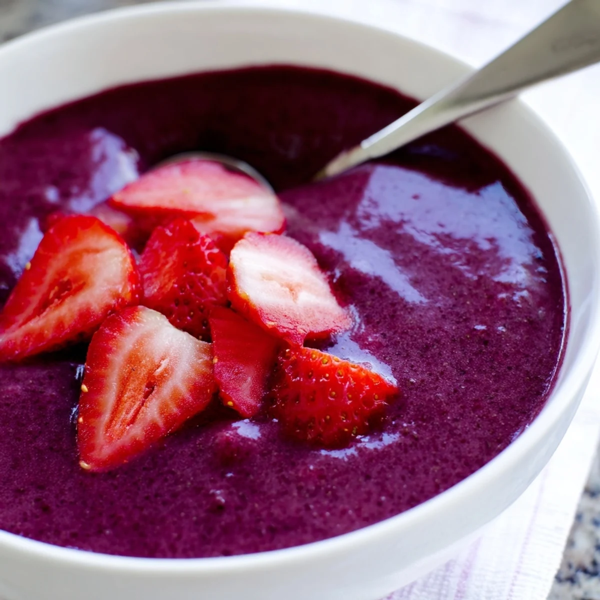 Spoonfuls of creamy Vegan Berry Soup showcase the smooth, deep purple texture and bright berry flecks in a rustic ceramic bowl.  