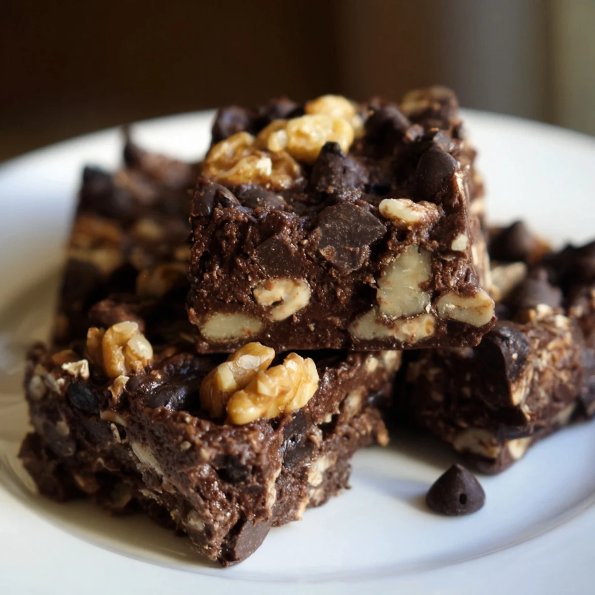 Vegan Cacao Treat squares stacked on a plate, showing rich dark chocolate texture and chopped nuts.