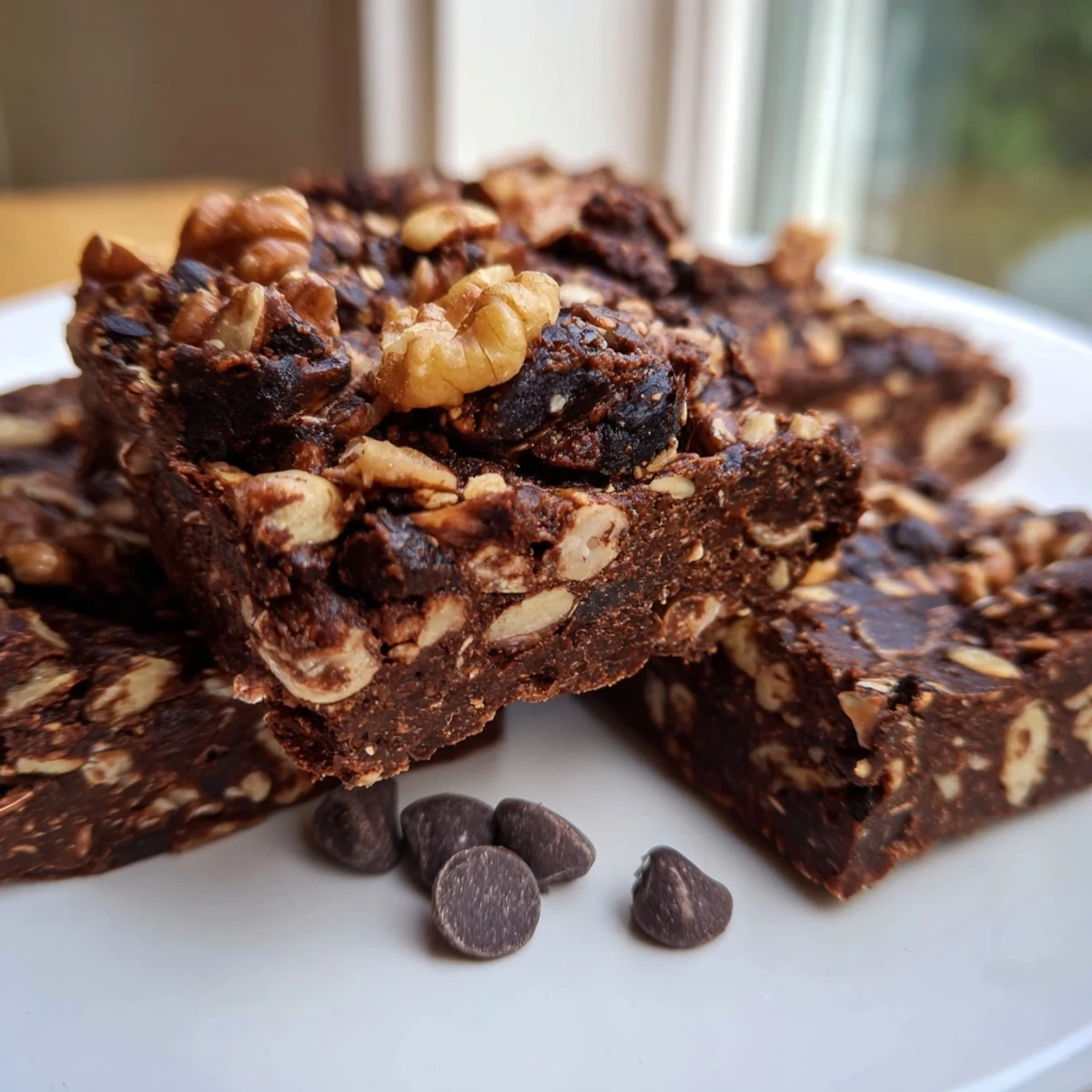 Chilled Vegan Cacao Treat squares ready to serve, with dates, walnuts, and almonds in a fudgy no-bake bar.