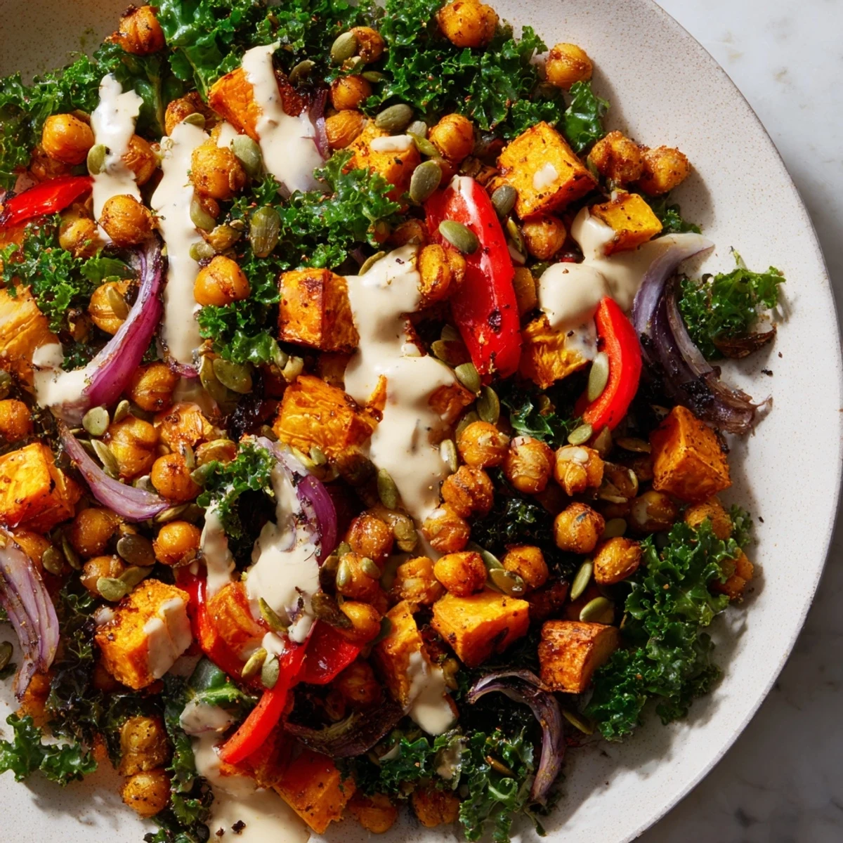 A vibrant Vegan Kale Bowl with roasted sweet potato and bell peppers, topped with crispy chickpeas and drizzled with creamy tahini dressing.