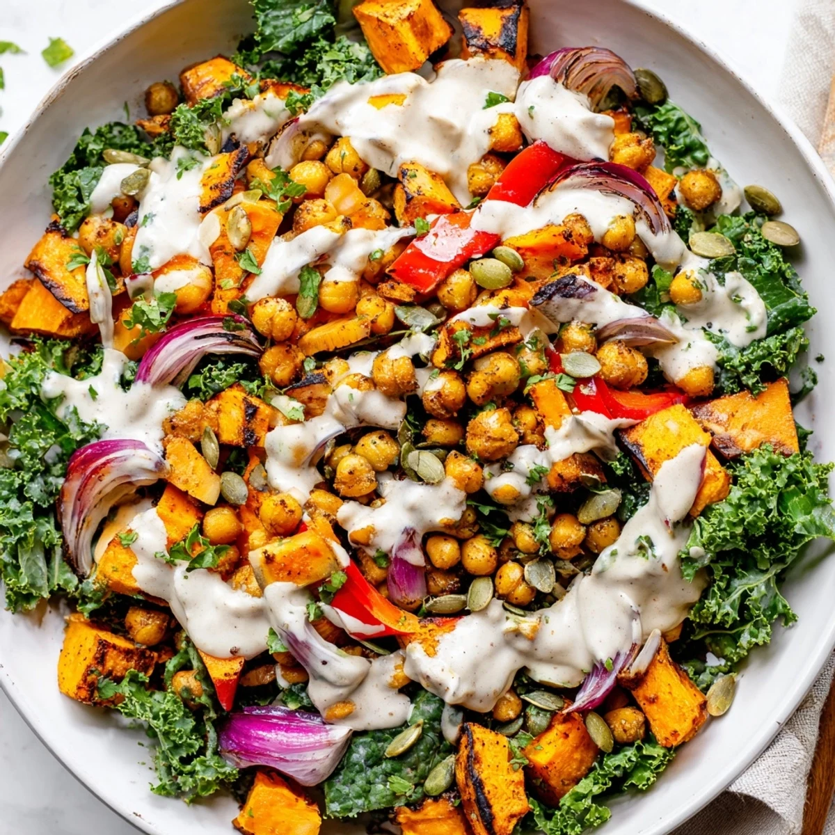 Close-up of a nourishing Vegan Kale Bowl featuring fluffy quinoa, caramelized veggies, and chickpeas, garnished with fresh parsley for a fresh finish.