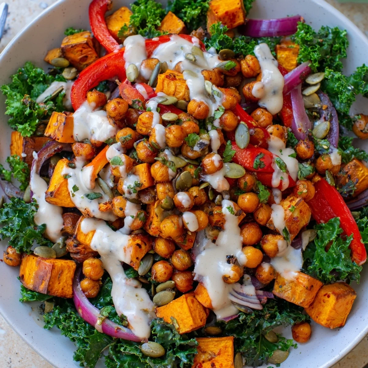 In this wholesome Vegan Kale Bowl, golden roasted vegetables contrast with massaged kale and crunchy pumpkin seeds for a hearty lunch.