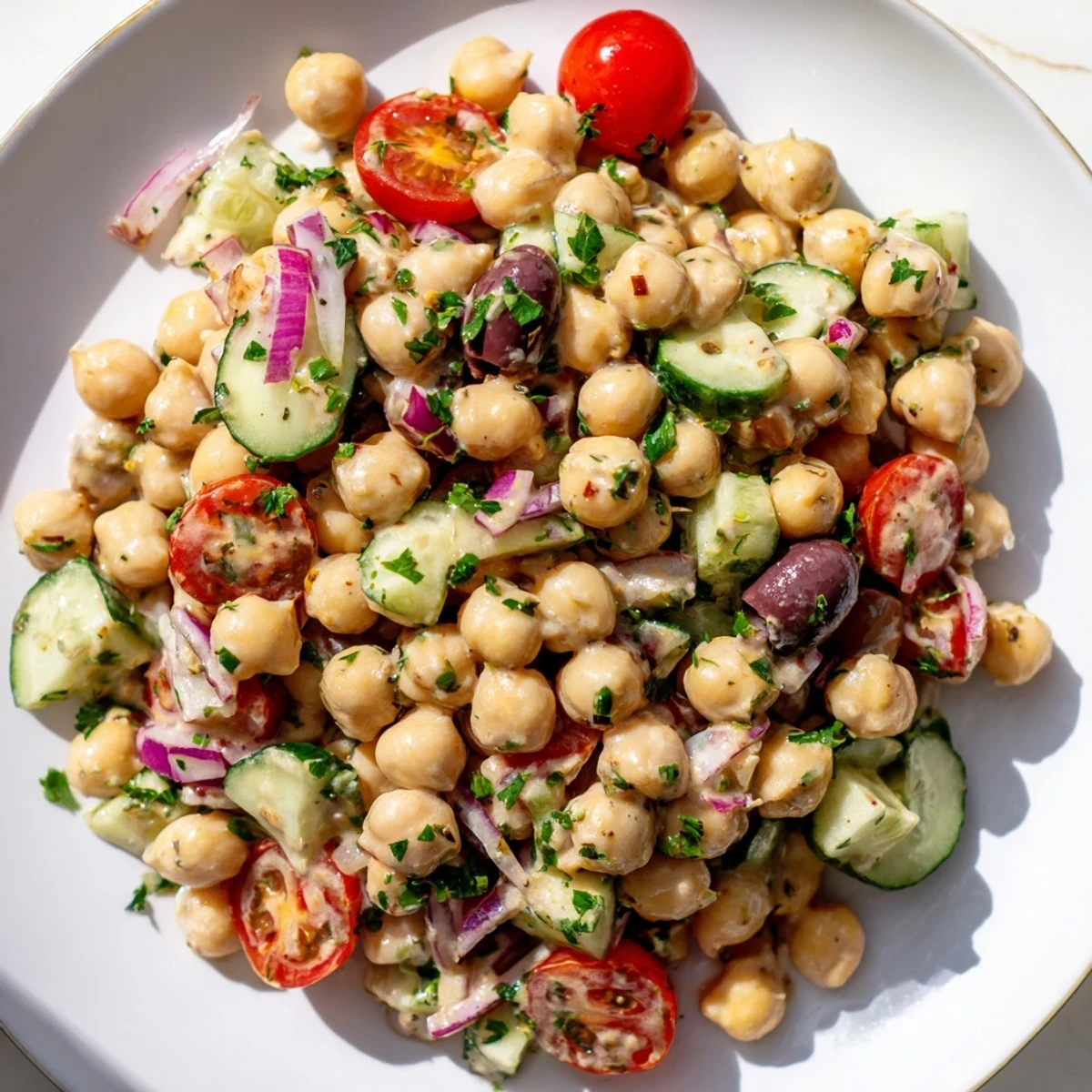 A close-up of Vegan Chickpea Salad showing diced red bell pepper and parsley, ready to serve as a protein-packed side or main.