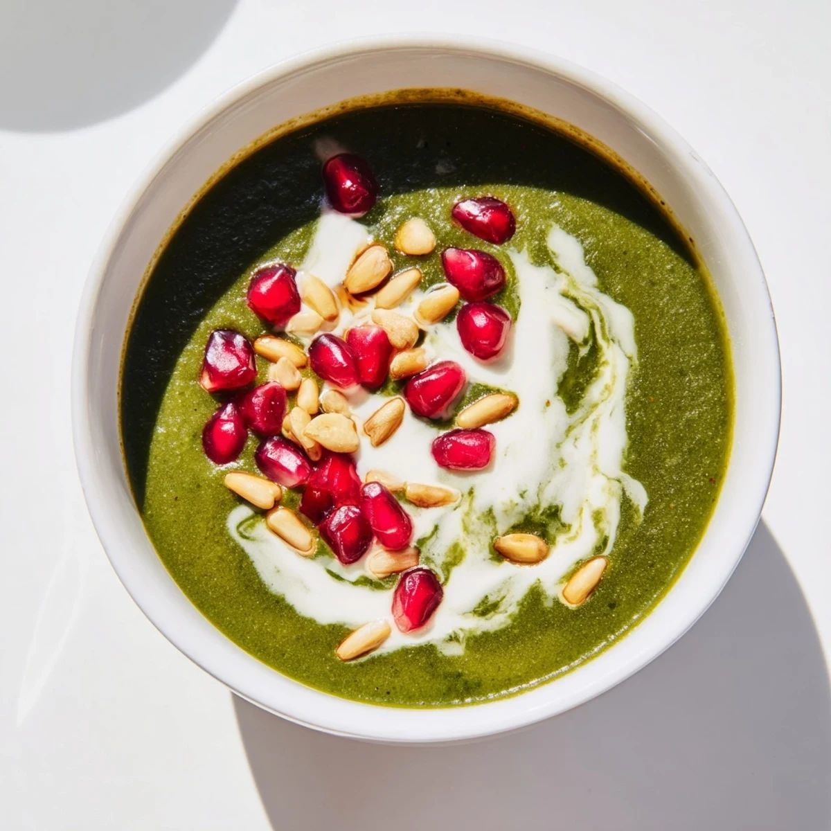 Festive Spinach Soup in a rustic bowl with a swirl of cream, toasted pine nuts, and vibrant pomegranate seeds for a holiday glow.