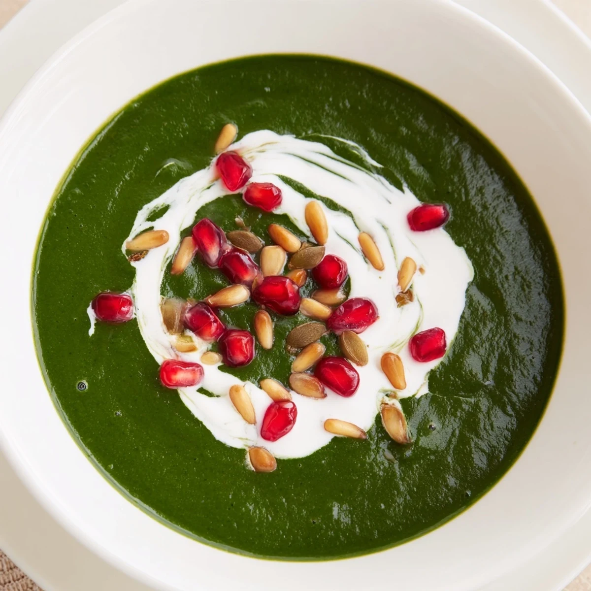 Warm, velvety Festive Spinach Soup served with crusty bread, its bright green hue and subtle nutmeg steam inviting winter comfort.