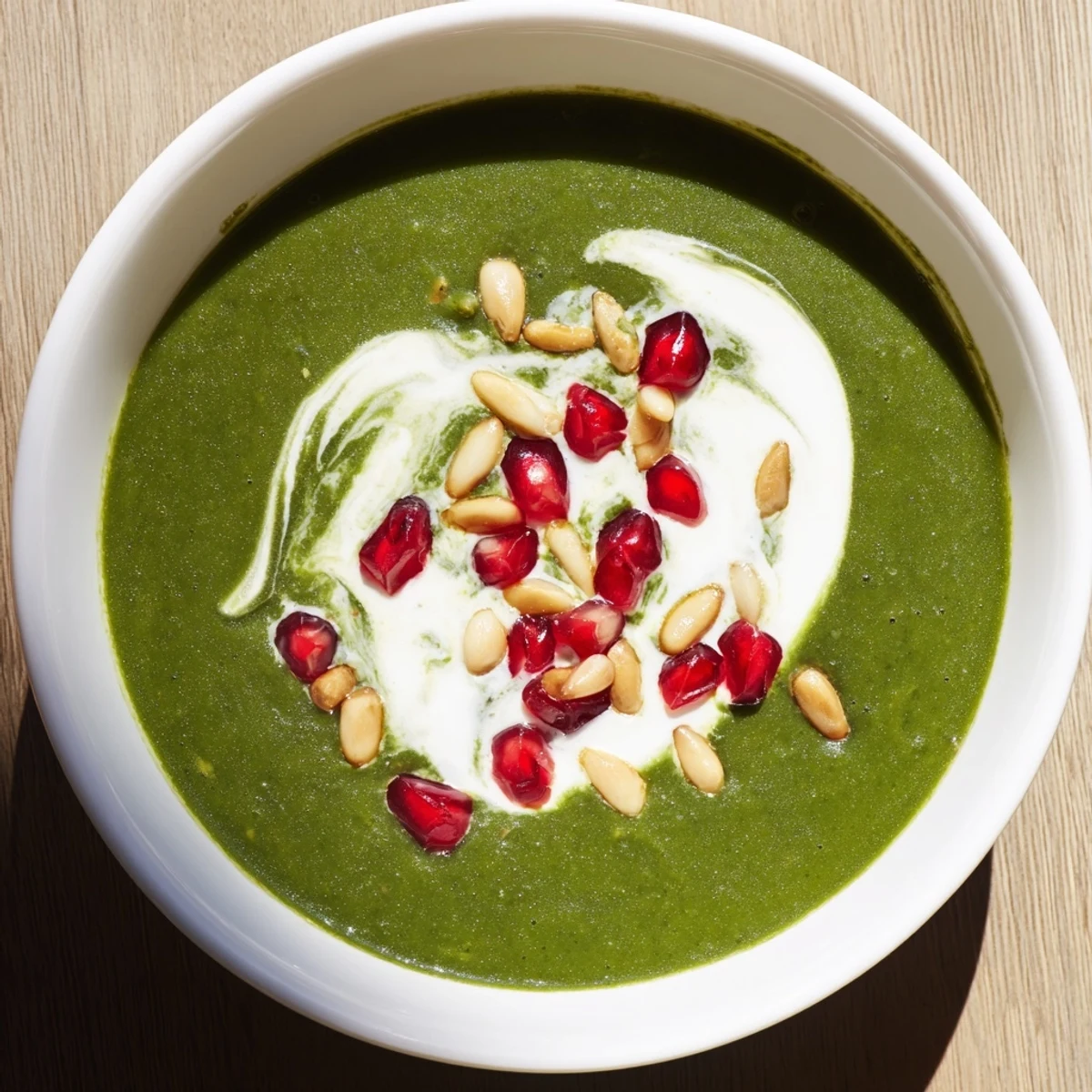 Creamy, holiday-spiced Festive Spinach Soup garnished with pumpkin seeds, perfect for a cozy, festive dinner party on a cold evening.