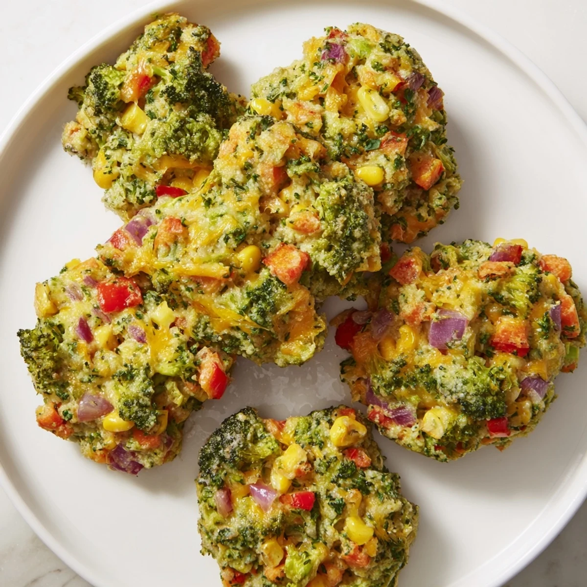 Golden-brown Bright Veggie Clusters fresh from the oven, showcasing flecks of red bell pepper and green broccoli on a baking sheet.