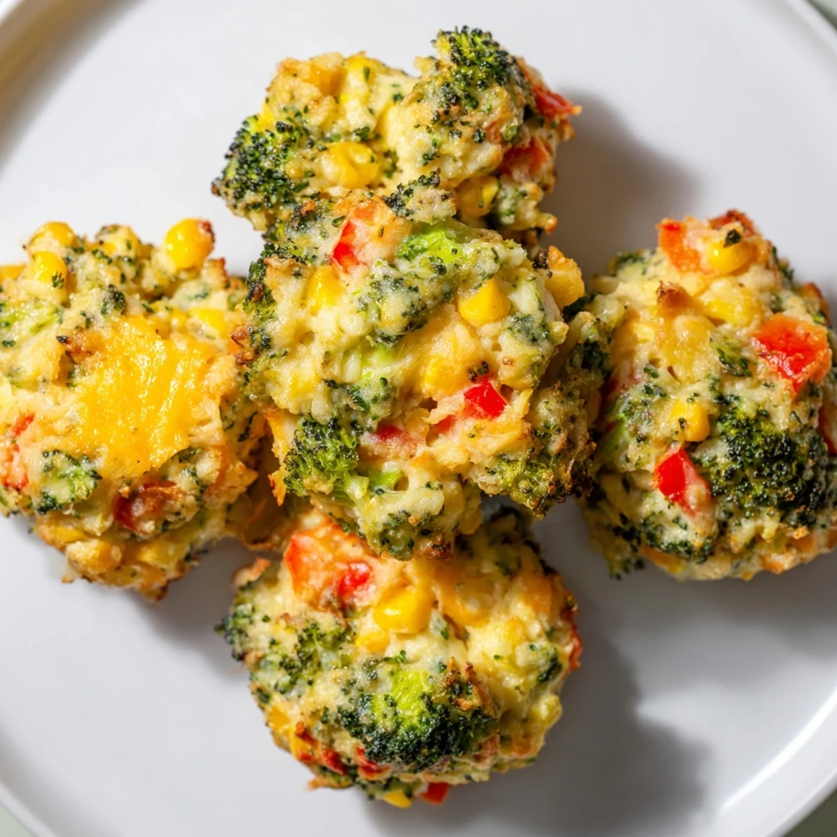 Colorful, bite-sized Bright Veggie Clusters, baked to a crispy edge and speckled with herbs, ideal for healthy vegetarian snacking.