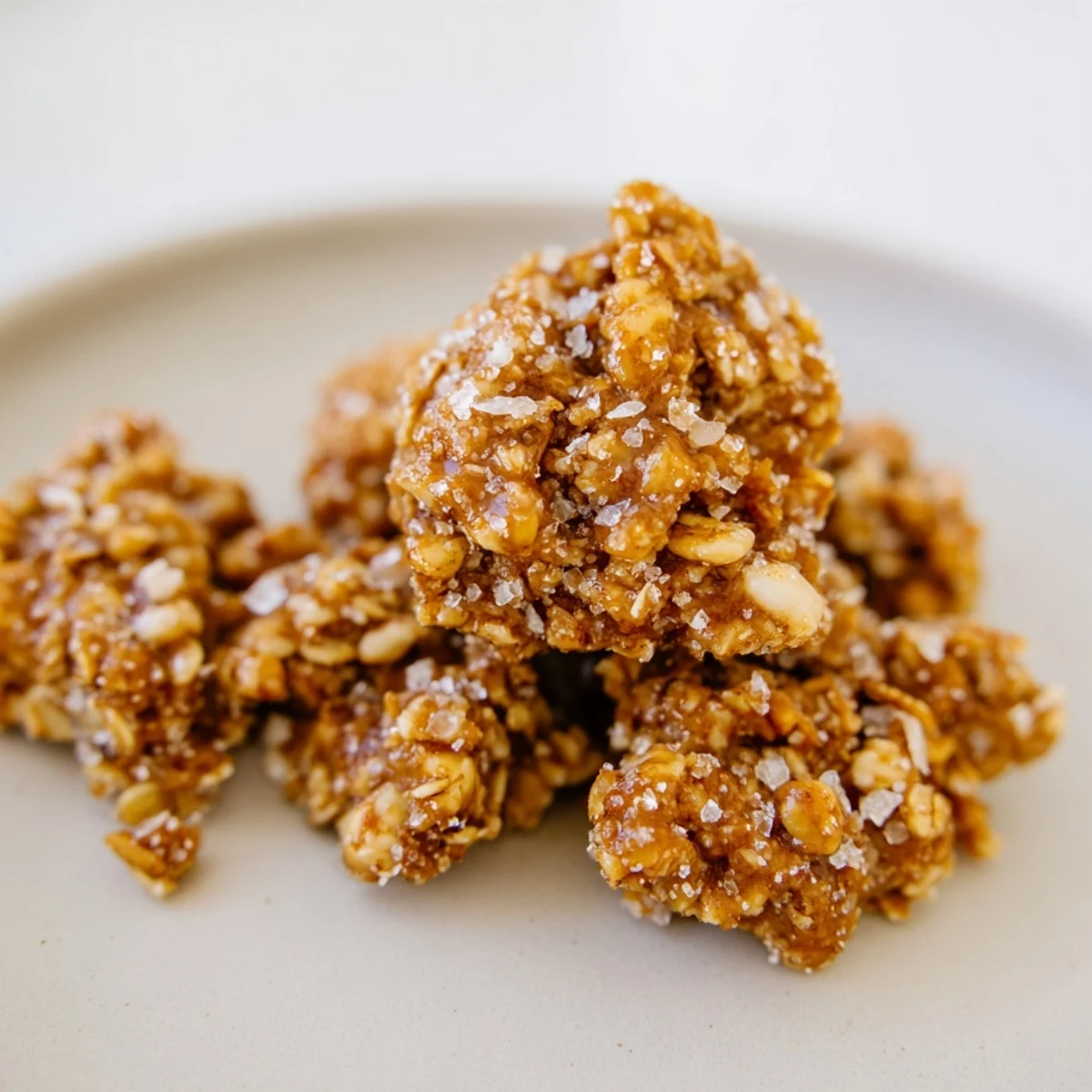 A close-up of Wholesome Ginger Clusters reveals their chewy texture, with chopped walnuts and shredded coconut.
