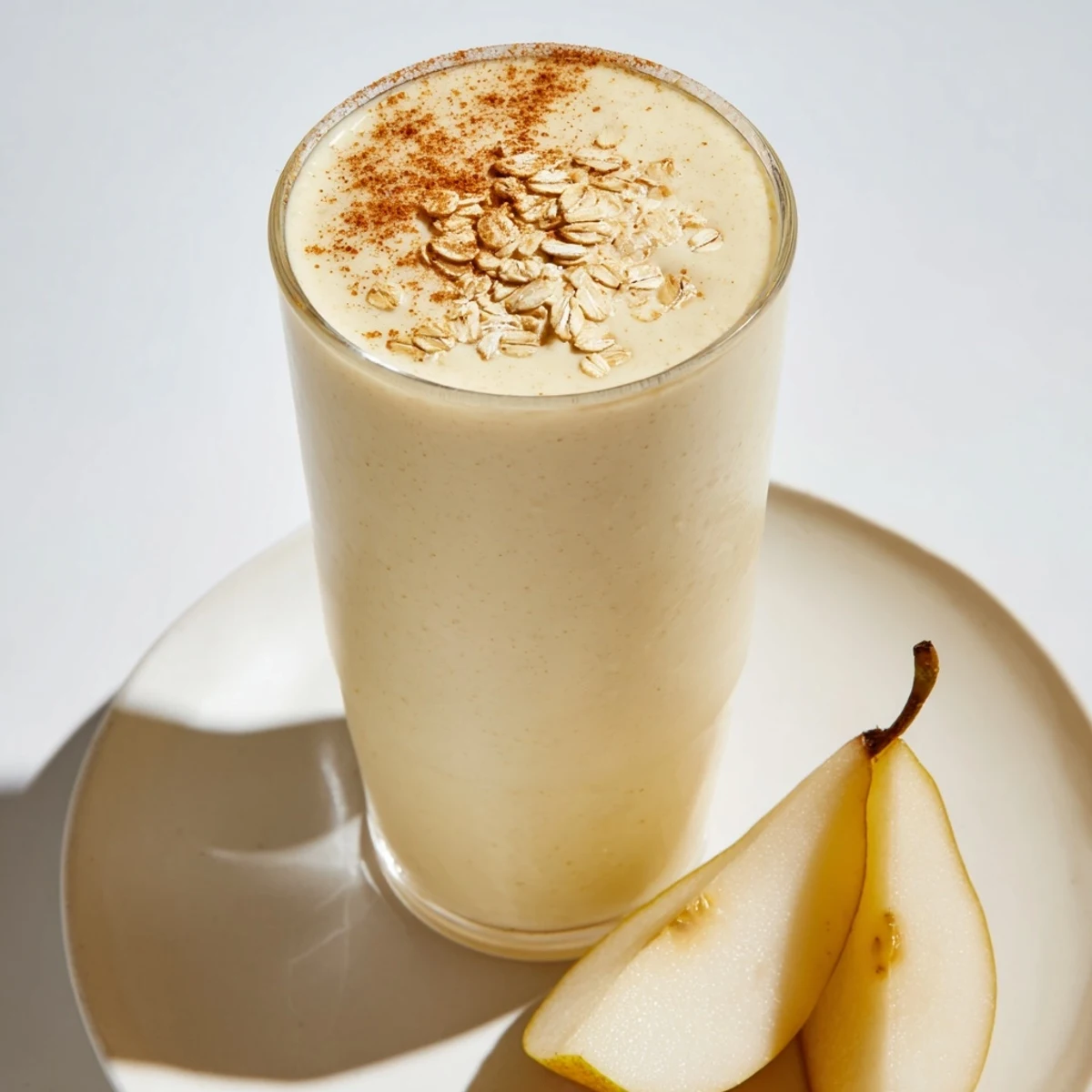 Two glasses of Cozy Pear Smoothie beside sliced pears and banana, perfect for a chilly morning.