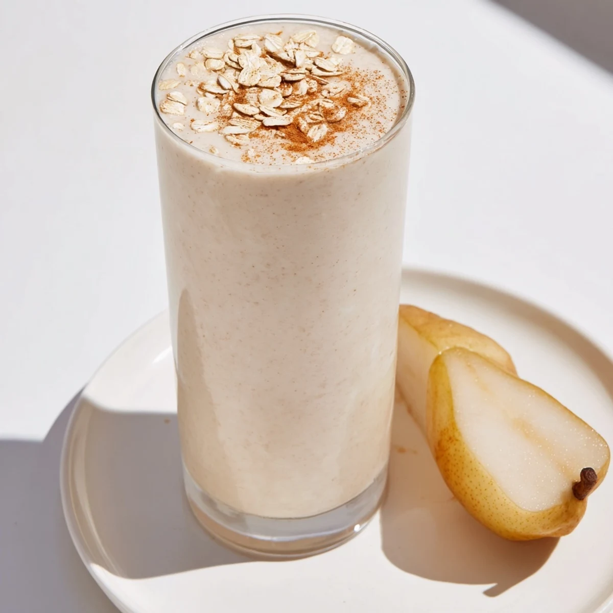 Creamy Cozy Pear Smoothie with cinnamon and oats in a glass, topped with a cinnamon stick.