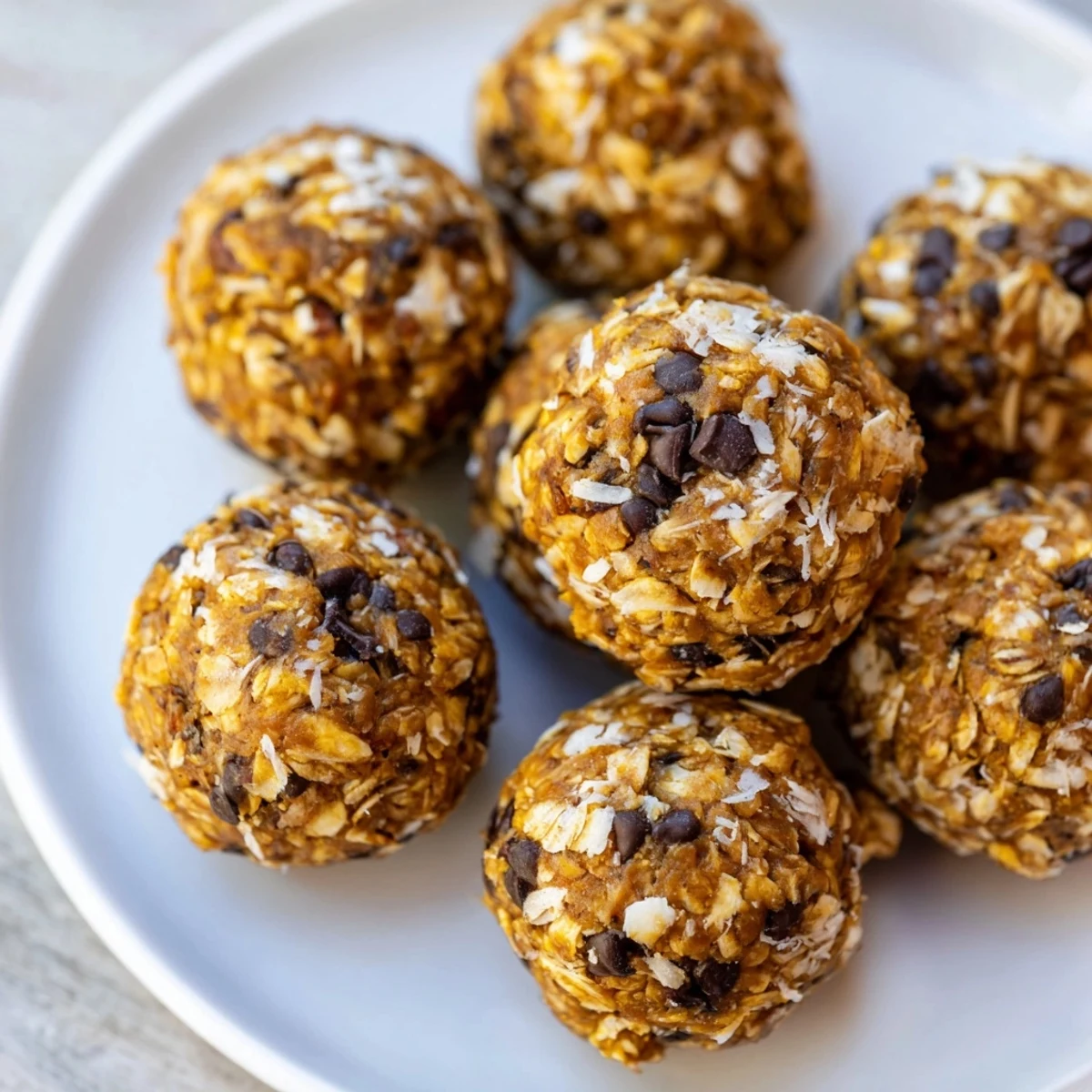 Homemade wholesome pumpkin bites rolled in oats and nuts on a wooden board.