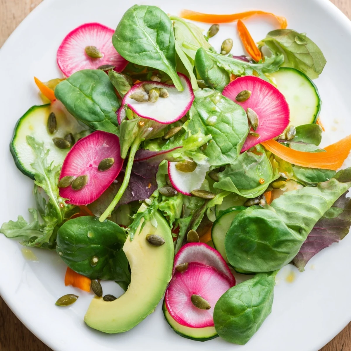 Fresh Seasonal Green Salad with vibrant spinach, arugula, and crisp vegetables tossed in tangy lemon vinaigrette.