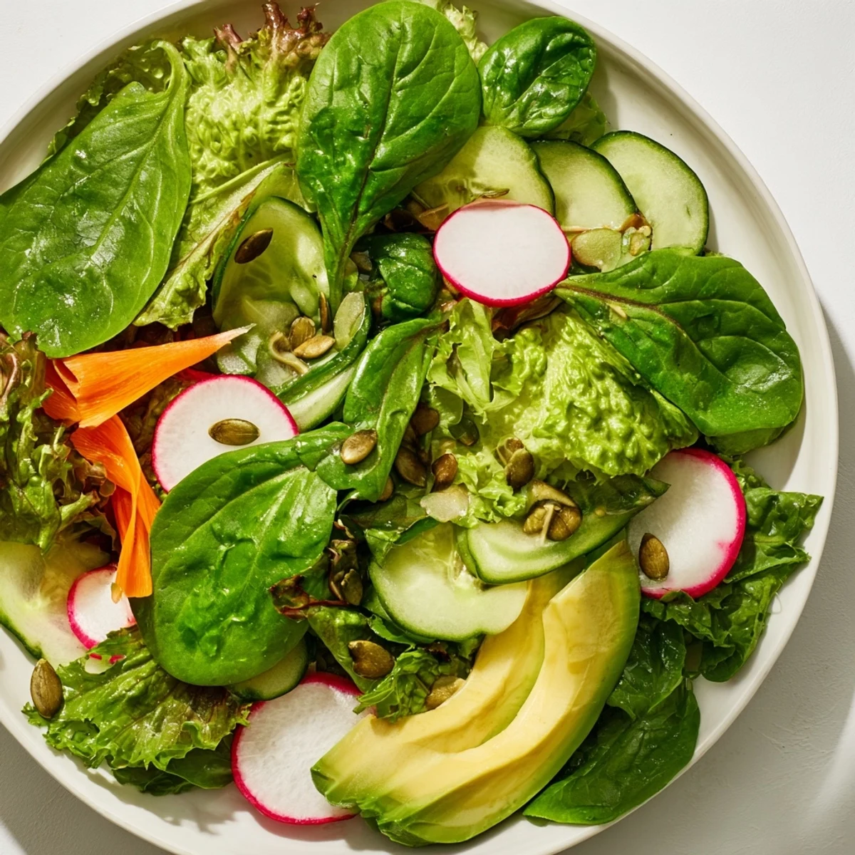 Close-up of a Seasonal Green Salad showcasing shaved carrots, radishes, and cucumber on a bed of mixed greens.