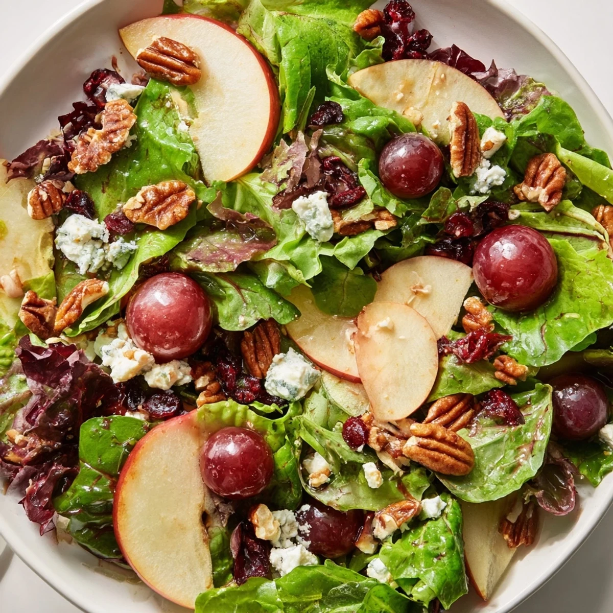 Bright Maple Salad in a white bowl with crisp greens, sliced apple, red grapes, pecans, and crumbled goat cheese.  