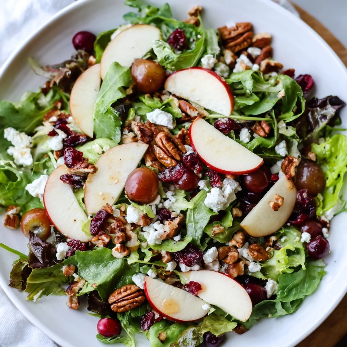 Fresh Bright Maple Salad tossed with maple vinaigrette, showing juicy grapes, crunchy nuts, and dried cranberries.  