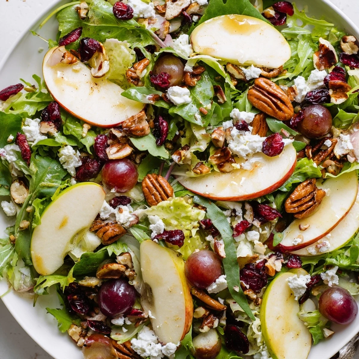 Side view of a colorful Bright Maple Salad with mixed greens, goat cheese, and toasted pecans.