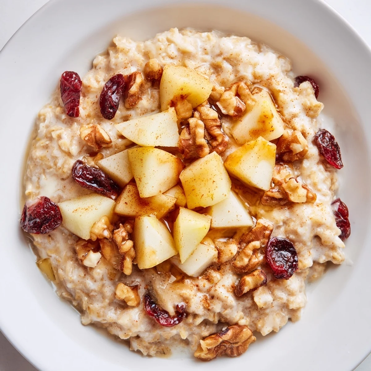 Creamy Festive Pear Porridge with warm spices, diced pears, and a drizzle of maple syrup in a cozy bowl.