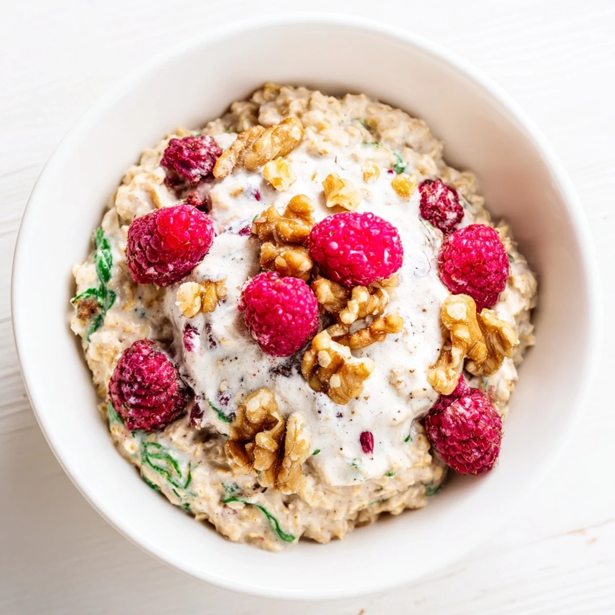 A warm bowl of Frosted Spinach Porridge topped with creamy yogurt, sliced banana, and crunchy walnuts.  