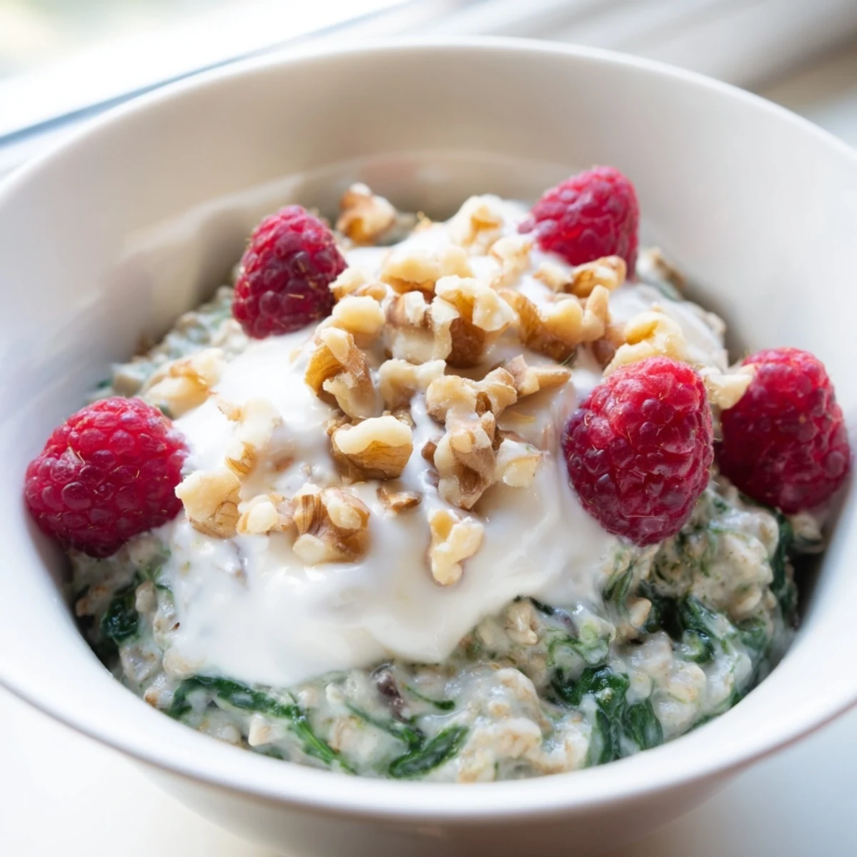 Frosted Spinach Porridge served in a rustic bowl, garnished with fresh berries and a drizzle of maple syrup.  