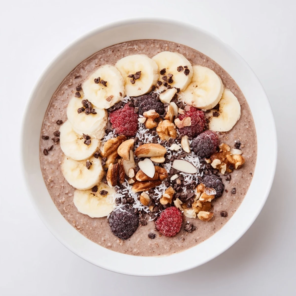 Wholesome cacao porridge steam rising from an oat-filled bowl, garnished with walnuts and cacao nibs, perfect for a cozy morning.