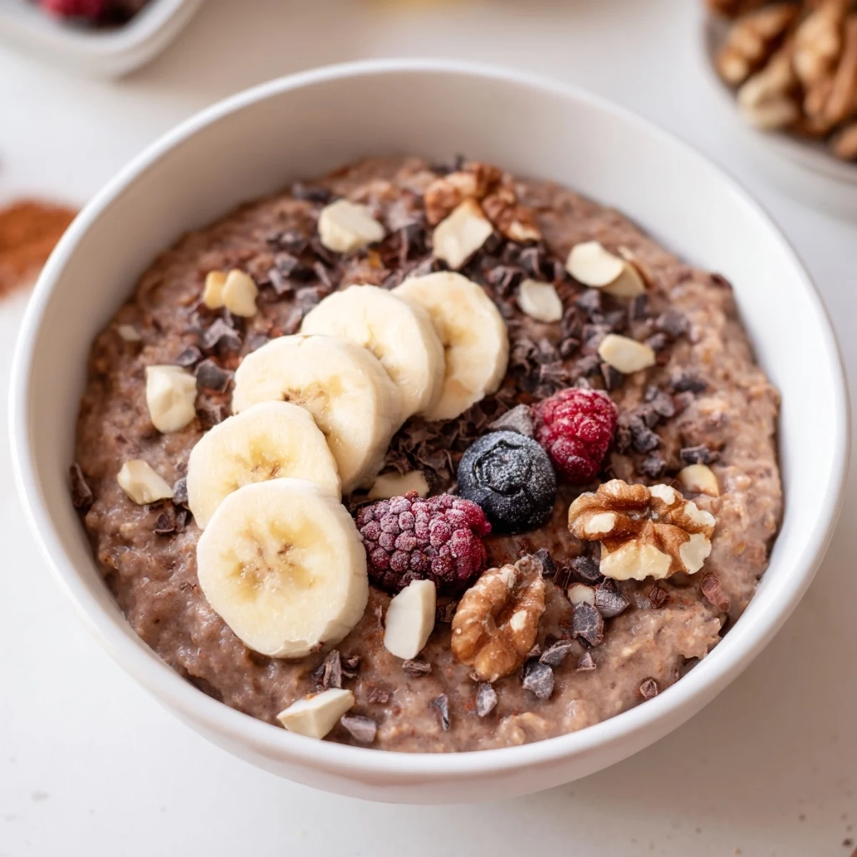 A hearty serving of wholesome cacao porridge topped with shredded coconut and fresh fruit, ready to enjoy with a spoon.