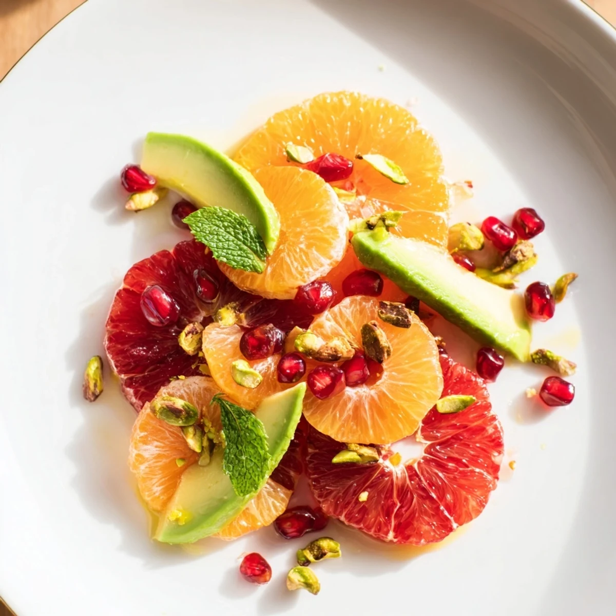 Fresh slices of vibrant Winter Citrus Bowl salad topped with avocado, pomegranate seeds, and chopped pistachios on a white platter.