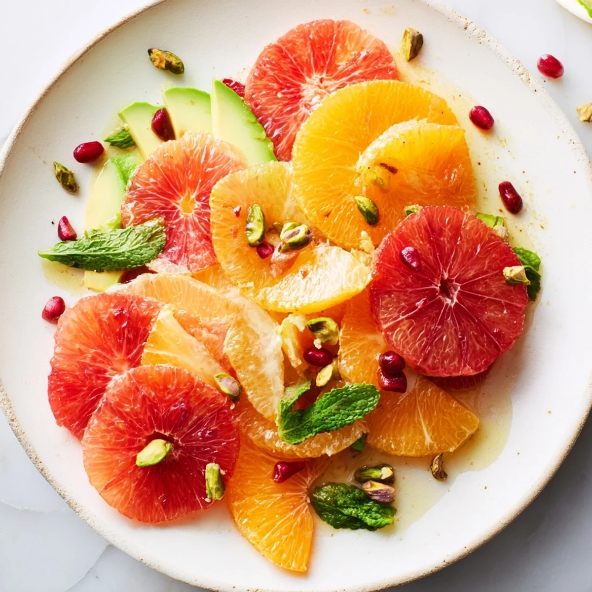A colorful serving of Winter Citrus Bowl salad featuring citrus medley, mint leaves, and toasted pistachios, ready to enjoy at the table.