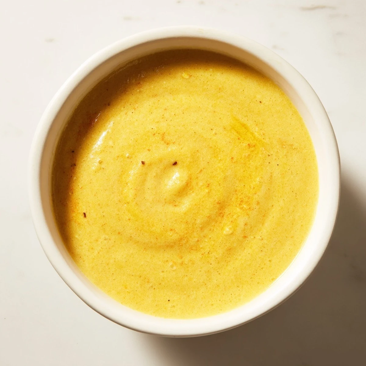 A smooth, golden warm veggie smoothie poured from a blender, showcasing the vibrant blend of fresh, healthy ingredients.