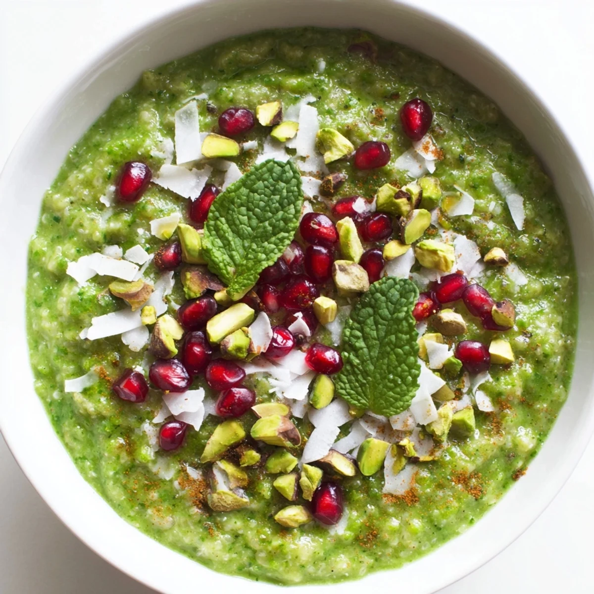 A vibrant bowl of Festive Green Porridge with creamy oats, spinach, and a sprinkle of pomegranate seeds and pistachios.