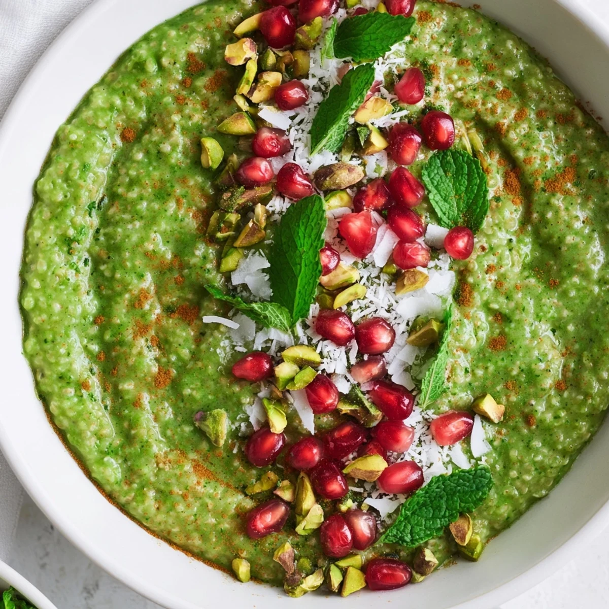 Nutritious Festive Green Porridge made with spinach and oats, garnished with pomegranate seeds for a festive holiday brunch.
