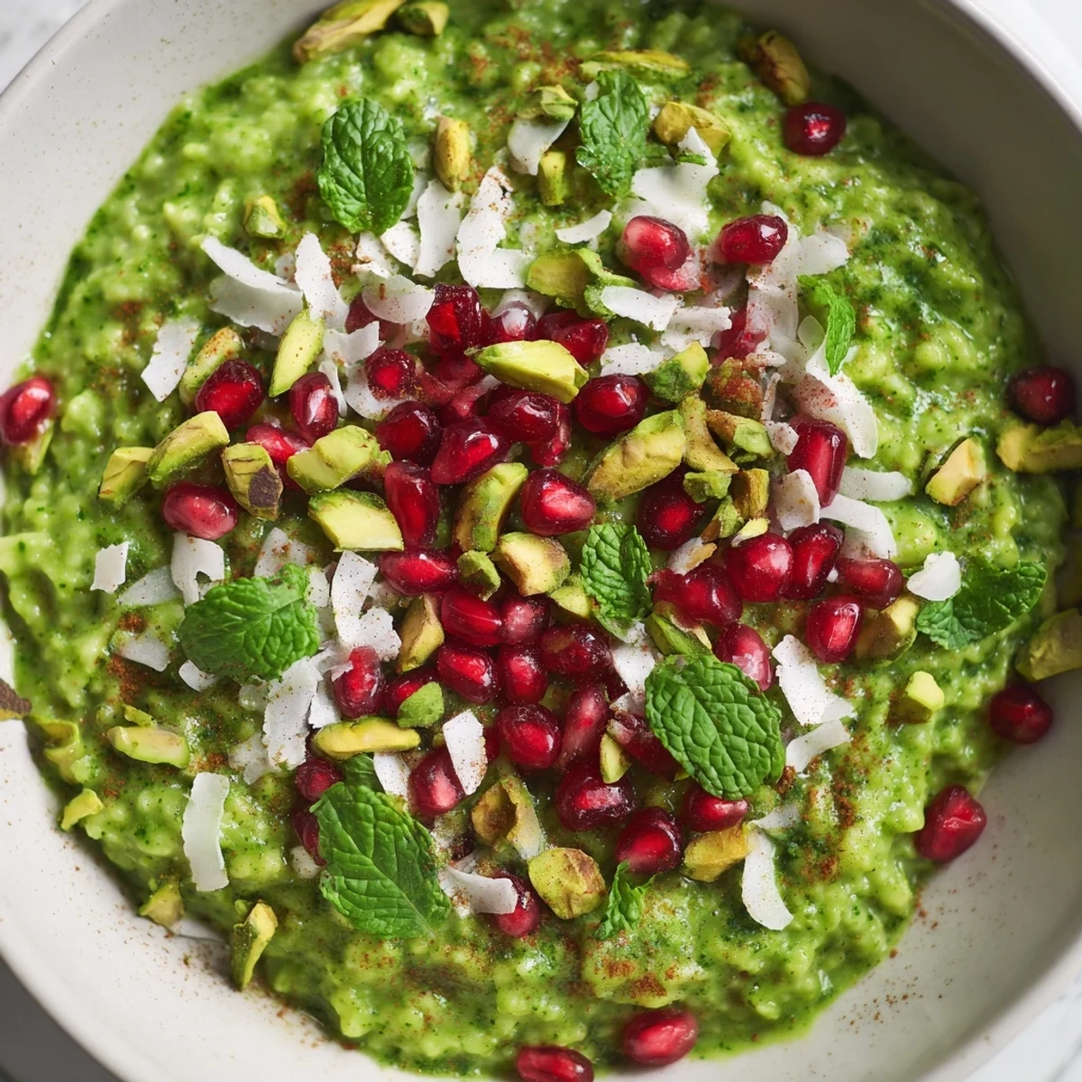 Steaming Festive Green Porridge served in a rustic bowl, topped with chopped pistachios, coconut flakes, and fresh mint.