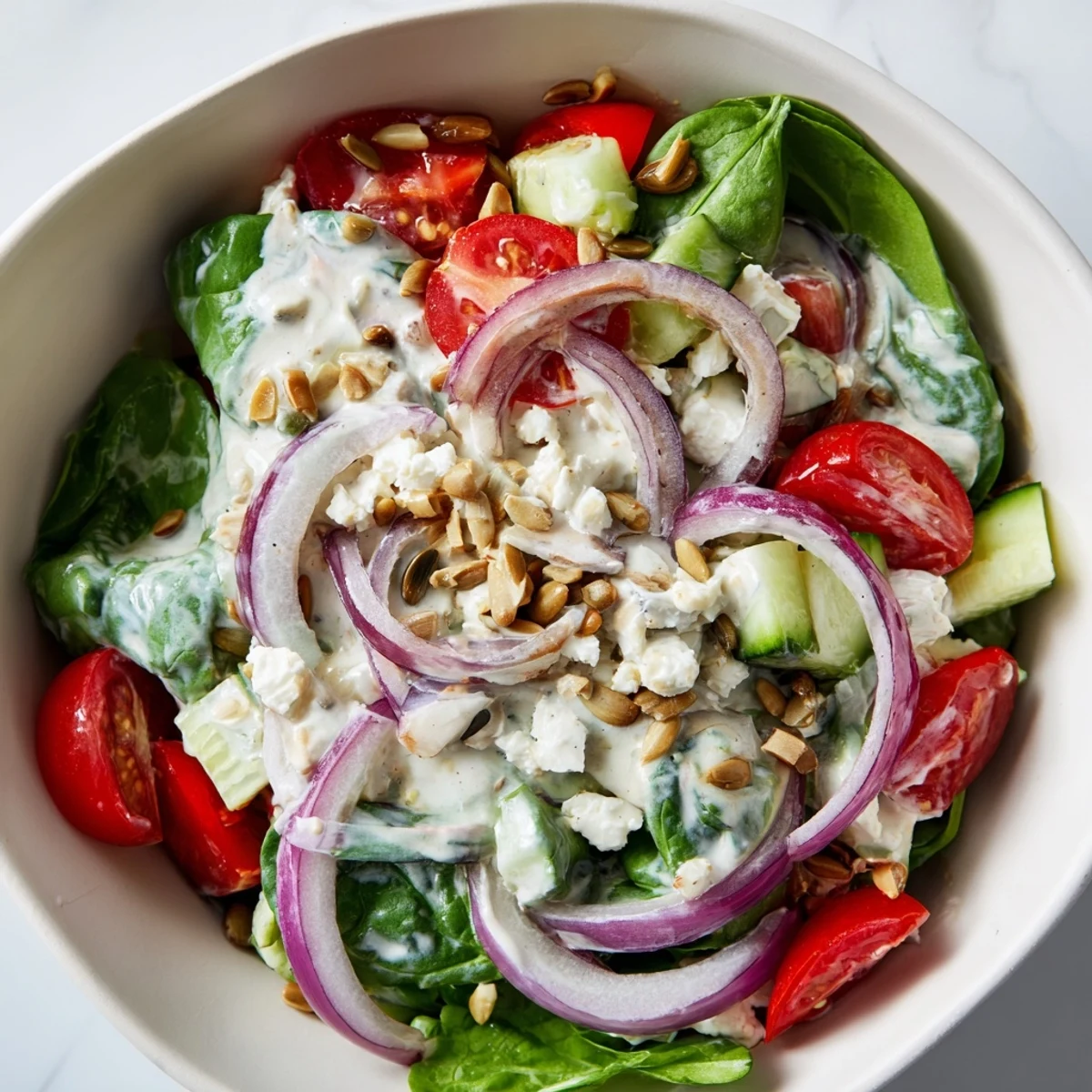 A chilled Frosted Spinach Bowl with creamy Greek yogurt dressing, vibrant cherry tomatoes, cucumber, and crumbled feta.  
