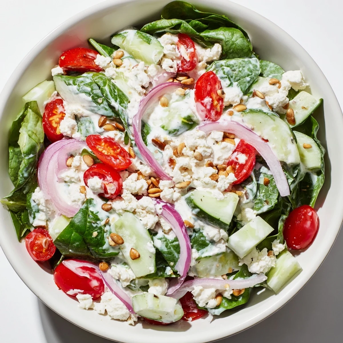 Frosted Spinach Bowl topped with toasted sunflower seeds, showing crisp veggies tossed in a tangy lemon Dijon dressing.  