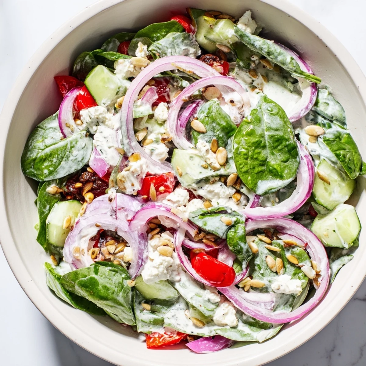Serving suggestion for Frosted Spinach Bowl, a refreshing gluten-free salad with red onion and bell pepper, perfect for summer picnics.