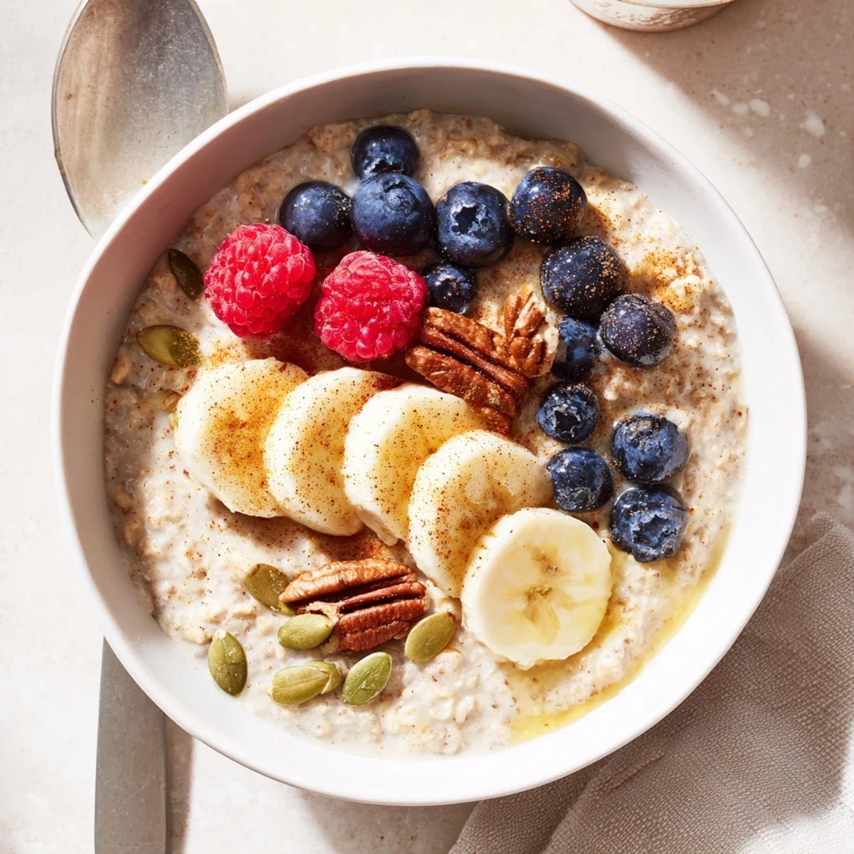 Creamy Vegan Maple Porridge in a rustic bowl, topped with sliced banana, fresh blueberries, and crunchy pecans, ready to enjoy.