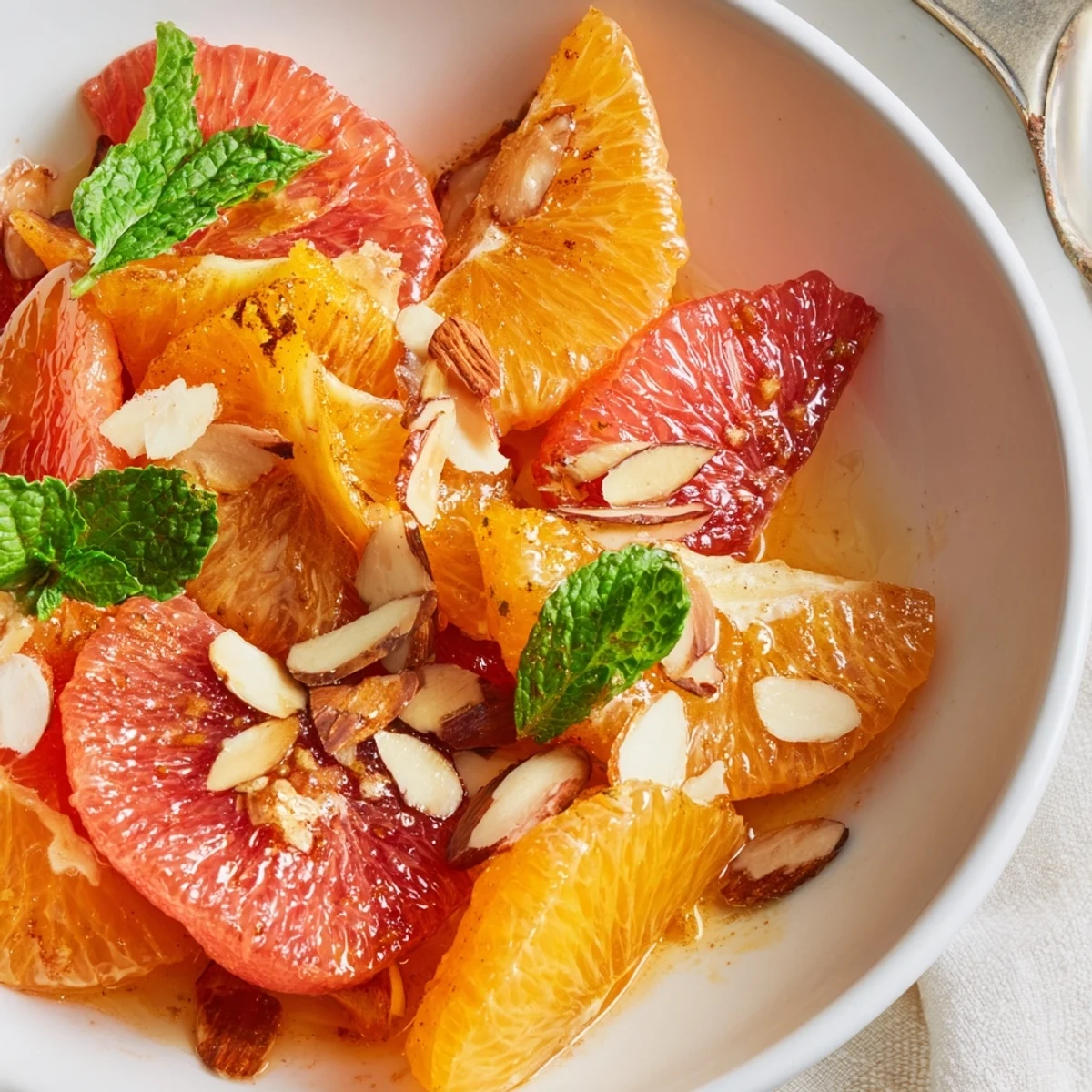 A close-up of Warm Citrus Bowl, featuring honey-glazed grapefruit, orange, and clementine segments glistening in the skillet.