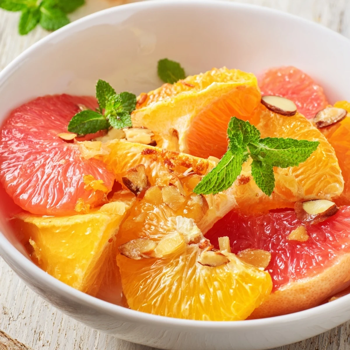 Warm Citrus Bowl served in a white ceramic bowl, garnished with fresh mint leaves and toasted almond slices.