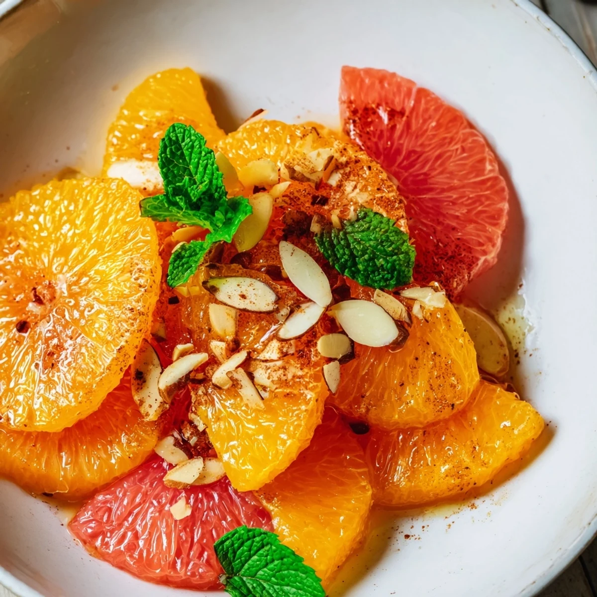 A vibrant Warm Citrus Bowl topped with chopped mint and crunchy almonds, perfect for a light breakfast or dessert.