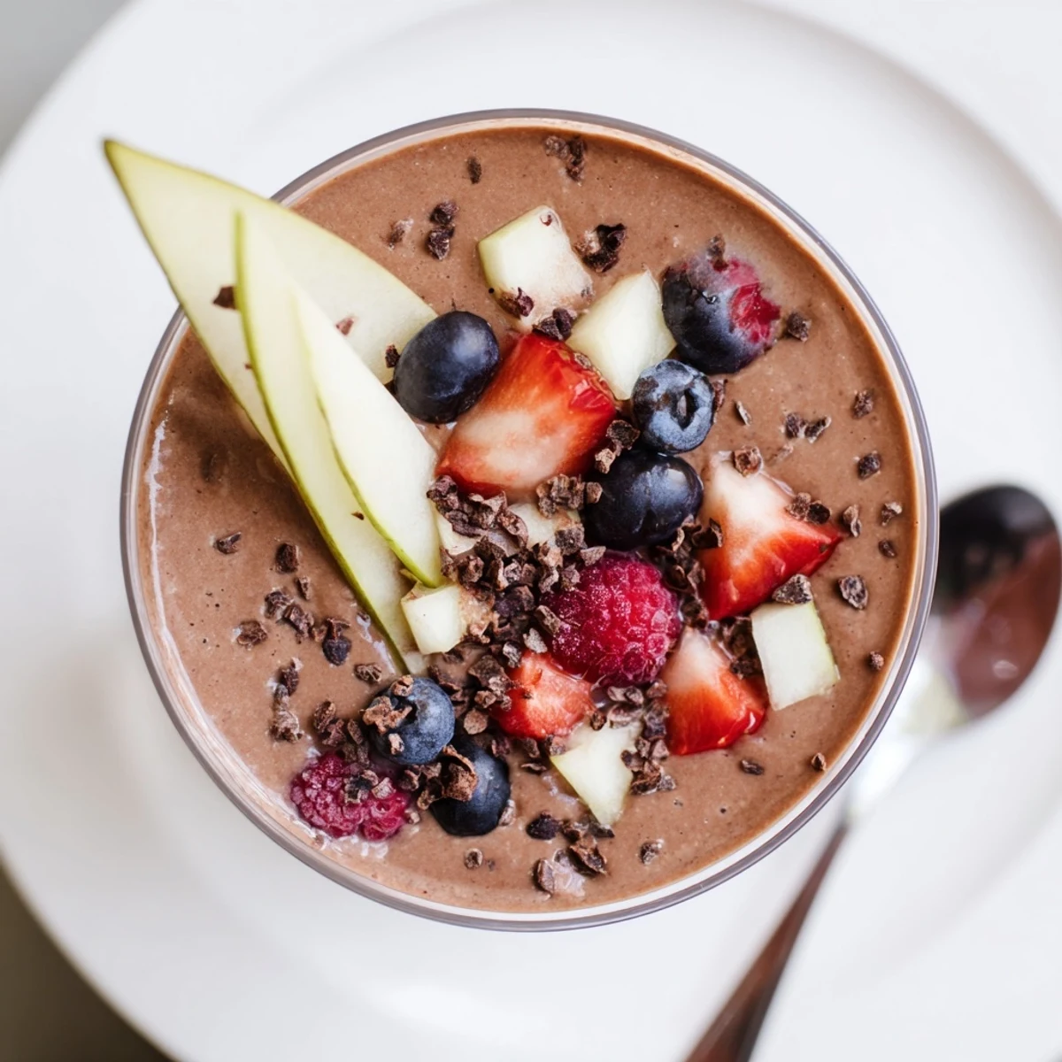 Thick and creamy Seasonal Cacao Smoothie poured into a glass with a colorful fruit garnish.