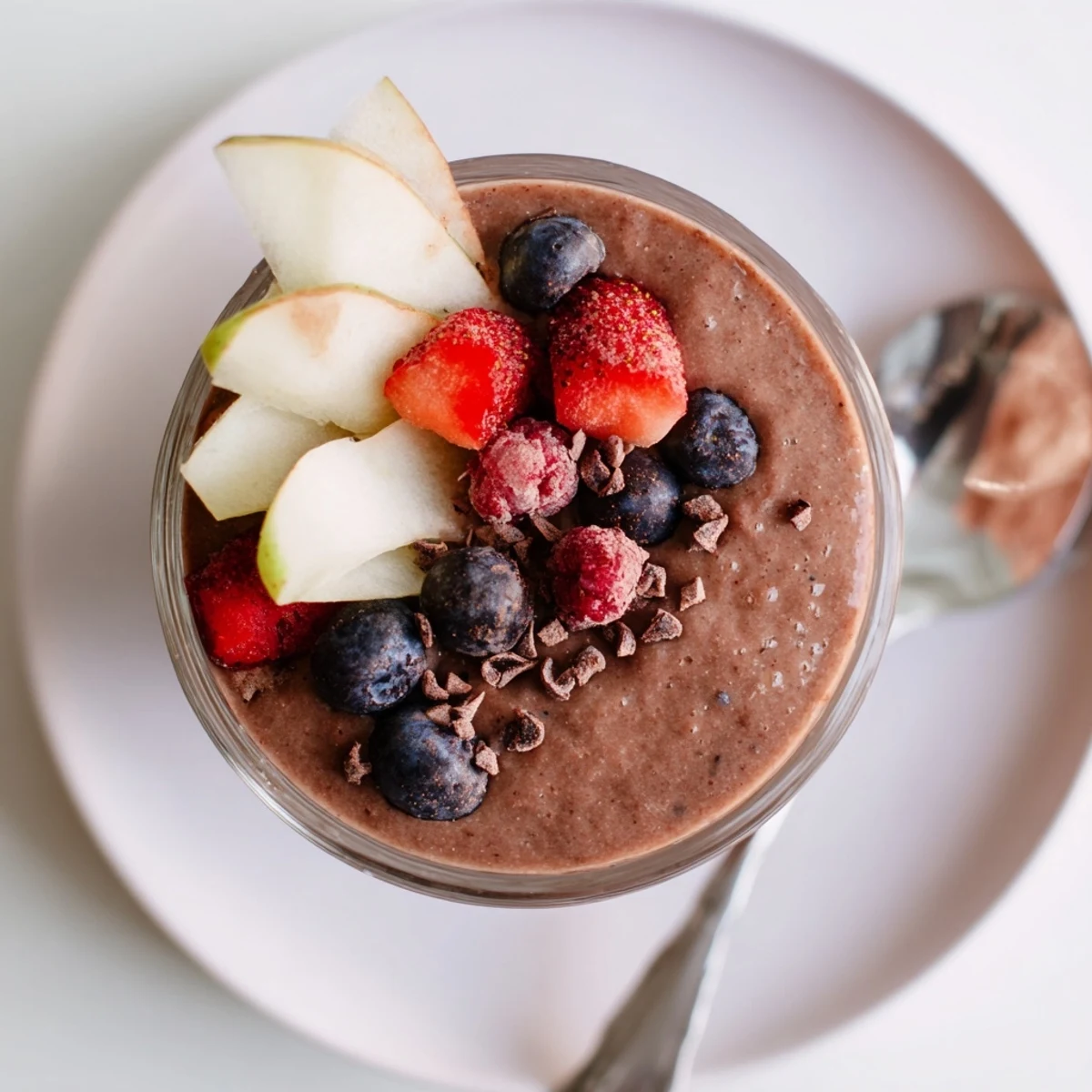 A vibrant glass of Seasonal Cacao Smoothie topped with cacao nibs and fresh berries.