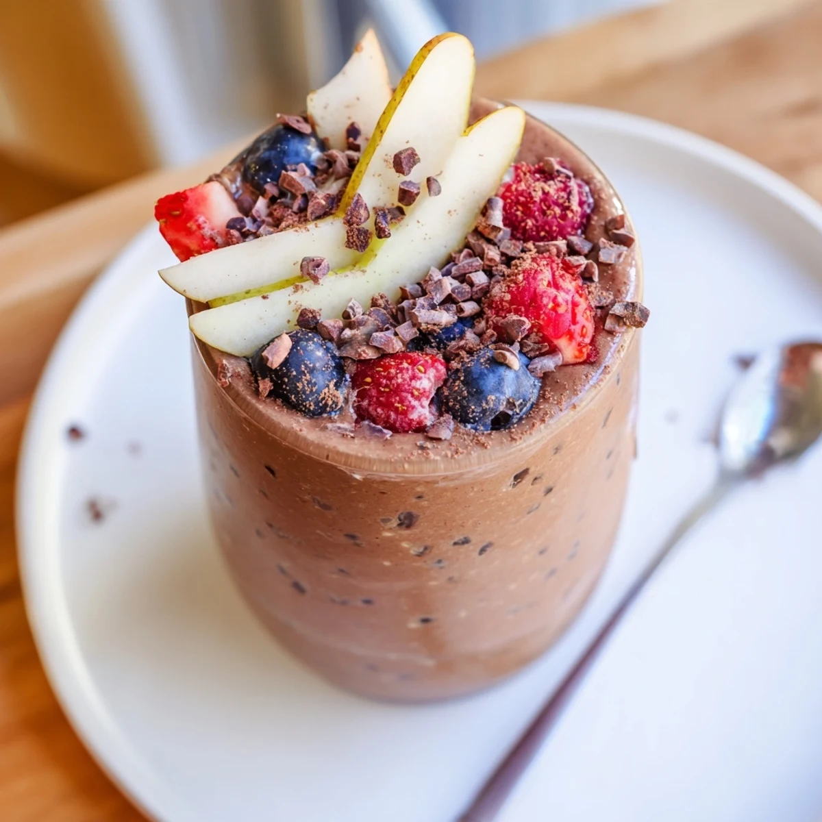 Homemade Seasonal Cacao Smoothie garnished with sliced strawberries and a sprinkle of cacao nibs.