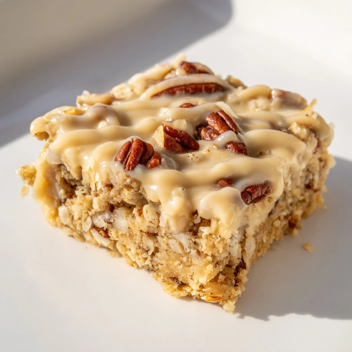 Fresh Maple Bites are baked with oats and pecans, drizzled with glaze beside a cup of coffee.