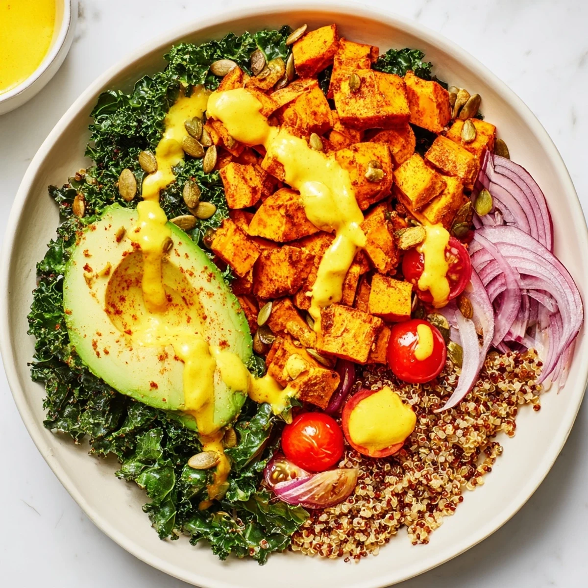 A vibrant, wholesome kale bowl featuring roasted sweet potatoes, creamy avocado, and a zesty lemon-tahini drizzle, perfect for a healthy lunch.