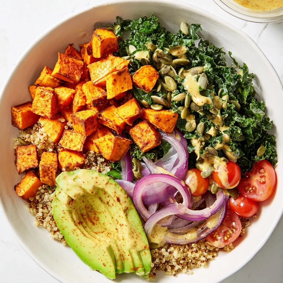 Freshly massaged kale and fluffy quinoa create a nutrient-dense base for this wholesome kale bowl, topped with golden roasted sweet potatoes and cherry tomatoes.